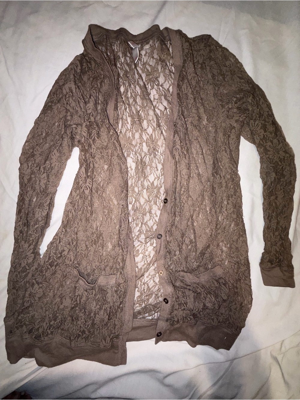 Xhilaration Lace Button-Front Cardigan in Taupe Brown